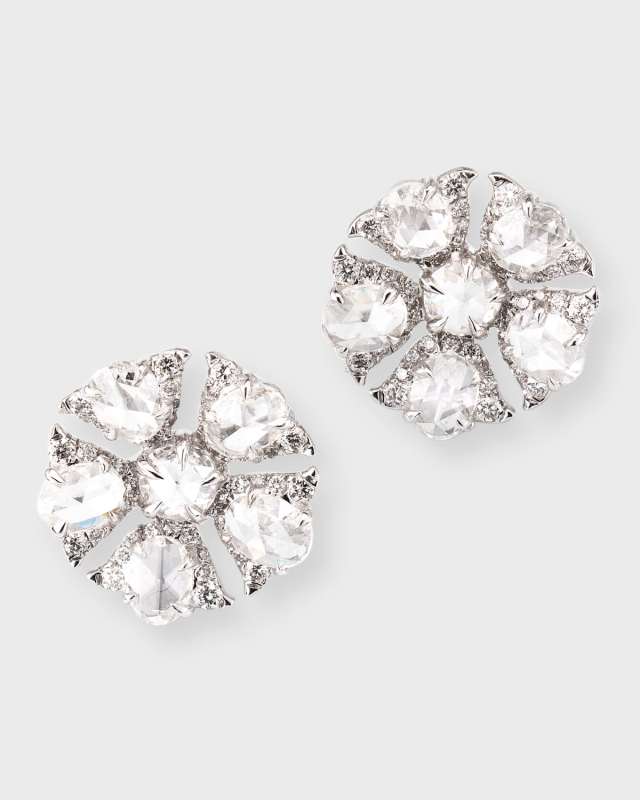 Tulip 18K White Gold Stud Earrings with Oval and Round Rose Cut Diamonds, 1.7tcw